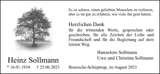 Traueranzeige von Heinz Sollmann von Neue Osnabrücker Zeitung GmbH & Co. KG