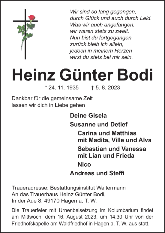 Traueranzeige von Heinz Günter Bodi von Neue Osnabrücker Zeitung GmbH & Co. KG