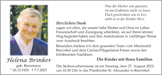 Traueranzeige von Helena Brinker von Neue Osnabrücker Zeitung GmbH & Co. KG