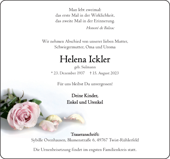 Traueranzeige von Helena Ickler von Neue Osnabrücker Zeitung GmbH & Co. KG