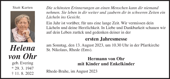 Traueranzeige von Helena von Ohr von Neue Osnabrücker Zeitung GmbH & Co. KG