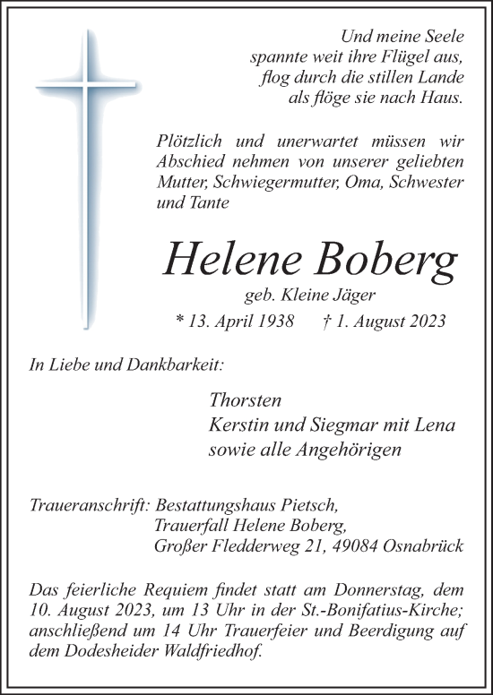 Traueranzeige von Helene Boberg von Neue Osnabrücker Zeitung GmbH & Co. KG