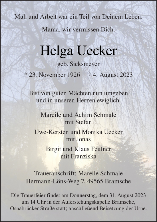 Traueranzeige von Helga Uecker von Neue Osnabrücker Zeitung GmbH & Co. KG