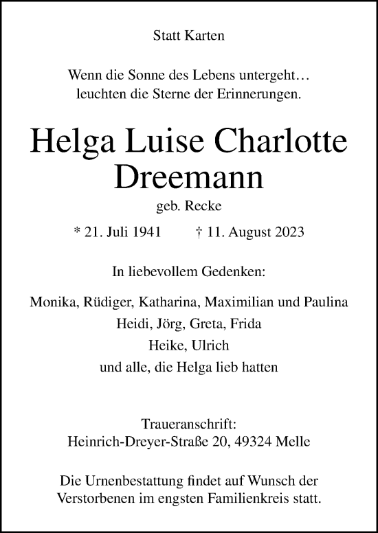 Traueranzeige von Helga Luise Charlotte Dreemann von Neue Osnabrücker Zeitung GmbH & Co. KG