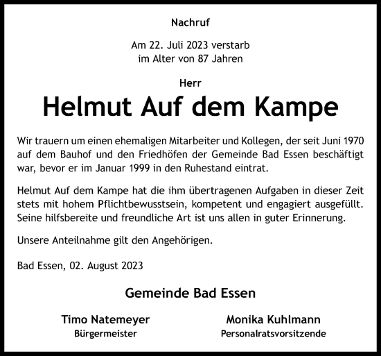 Traueranzeige von Helmut  Auf dem Kampe von Neue Osnabrücker Zeitung GmbH & Co. KG