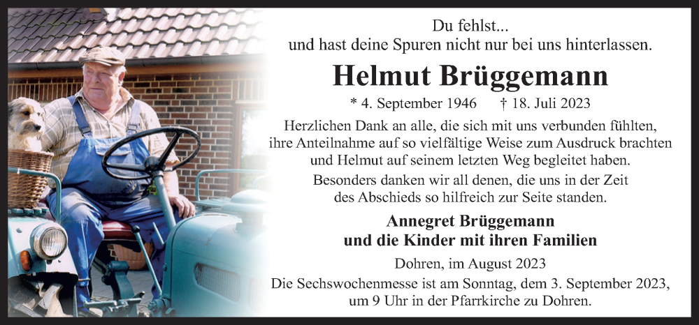  Traueranzeige für Helmut Brüggemann vom 30.08.2023 aus Neue Osnabrücker Zeitung GmbH & Co. KG