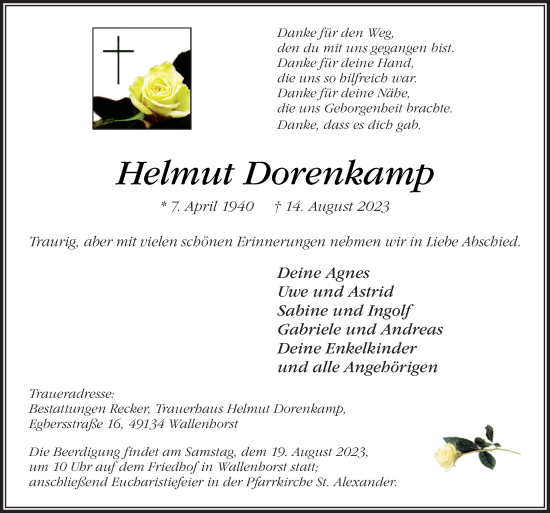 Traueranzeige von Helmut Dorenkamp von Neue Osnabrücker Zeitung GmbH & Co. KG