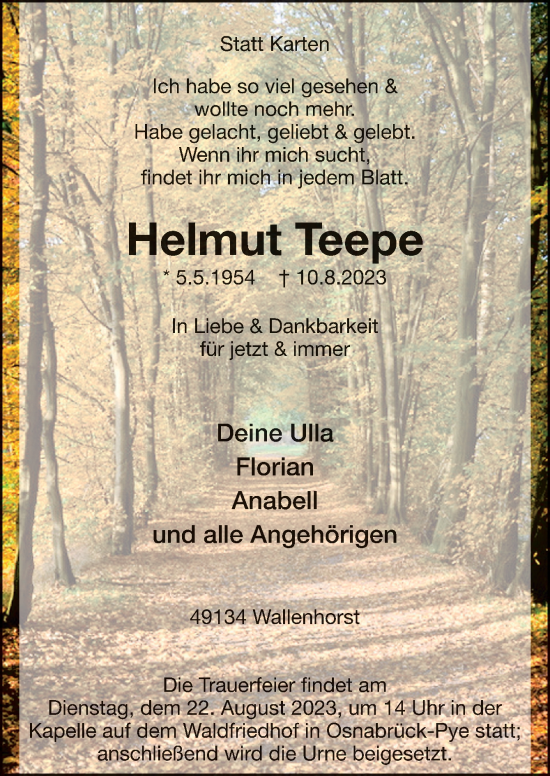 Traueranzeige von Helmut Teepe von Neue Osnabrücker Zeitung GmbH & Co. KG