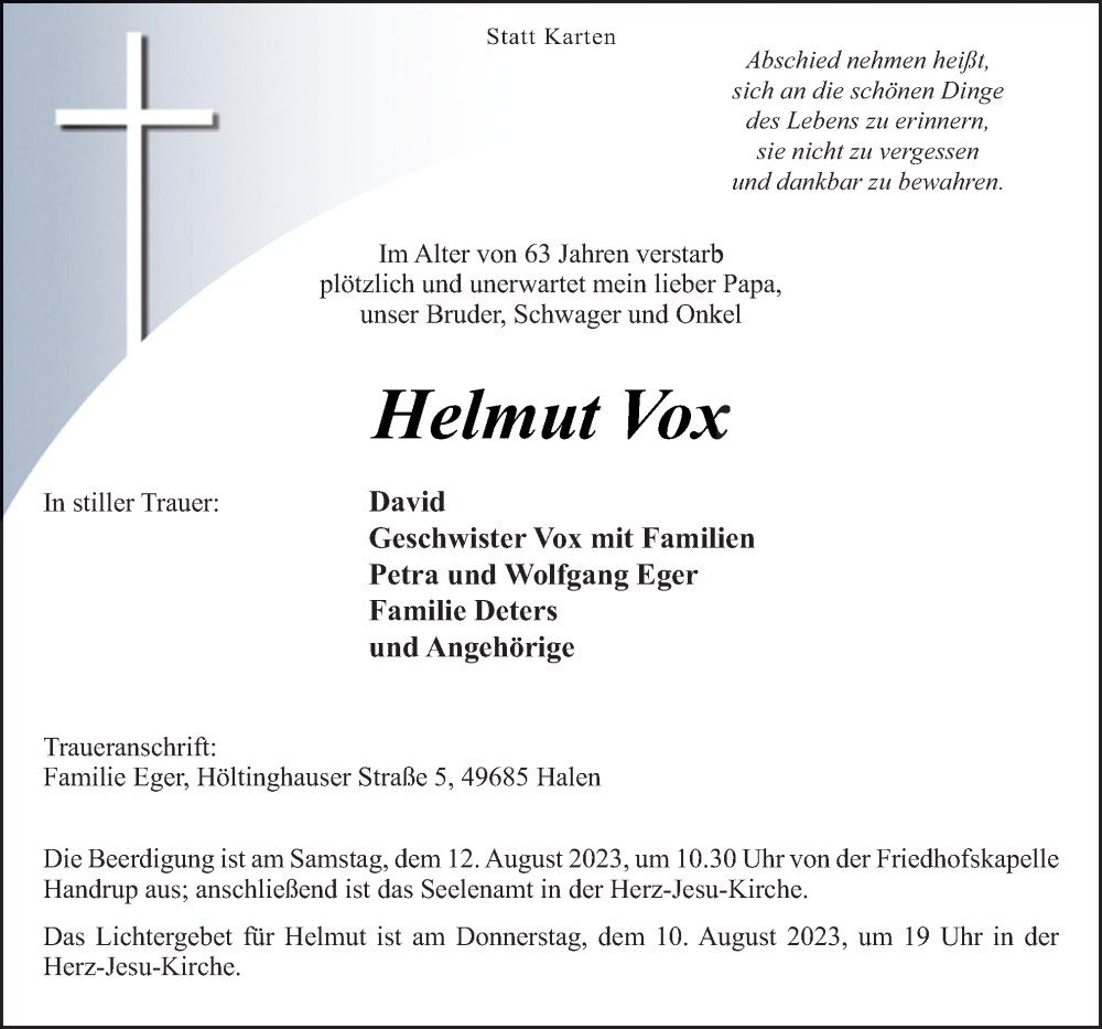  Traueranzeige für Helmut Vox vom 09.08.2023 aus Neue Osnabrücker Zeitung GmbH & Co. KG