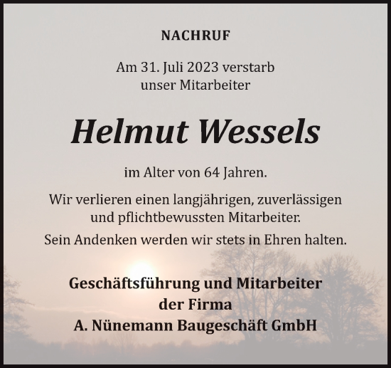 Traueranzeige von Helmut Wessels von Neue Osnabrücker Zeitung GmbH & Co. KG