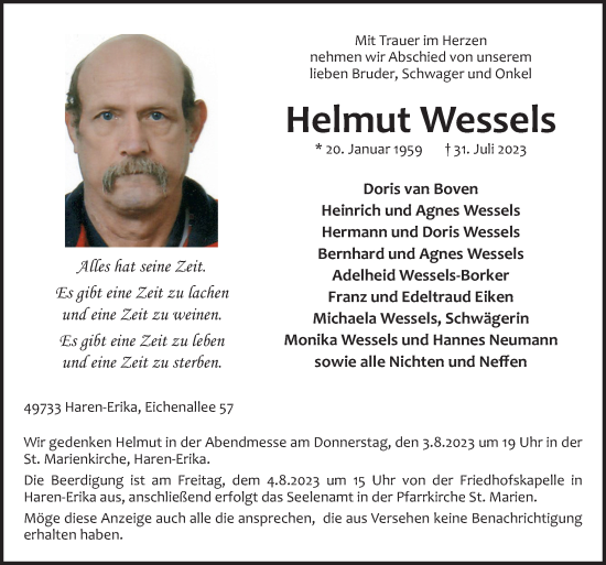 Traueranzeige von Helmut Wessels von Neue Osnabrücker Zeitung GmbH & Co. KG