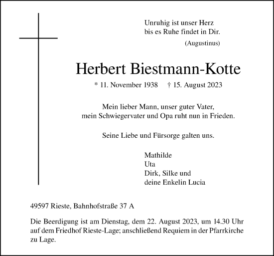 Traueranzeige von Herbert Biestmann-Kotte von Neue Osnabrücker Zeitung GmbH & Co. KG
