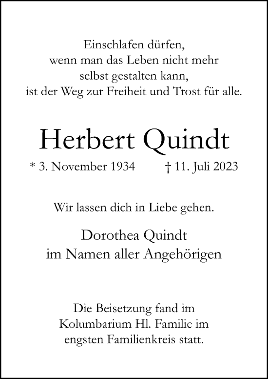 Traueranzeige von Herbert Quindt von Neue Osnabrücker Zeitung GmbH & Co. KG
