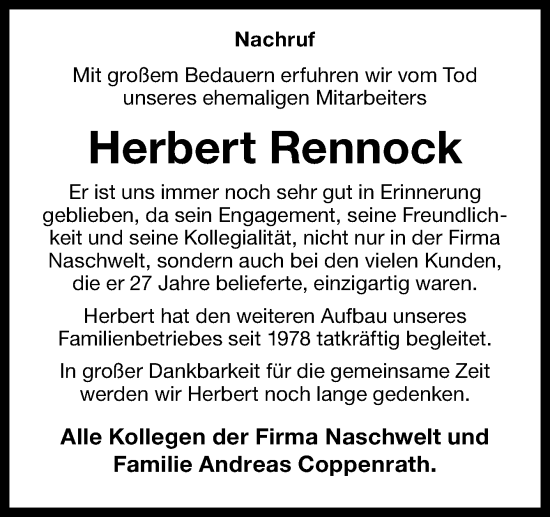 Traueranzeige von Herbert Rennock von Neue Osnabrücker Zeitung GmbH & Co. KG