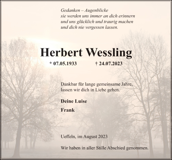 Traueranzeige von Herbert Wessling von Neue Osnabrücker Zeitung GmbH & Co. KG