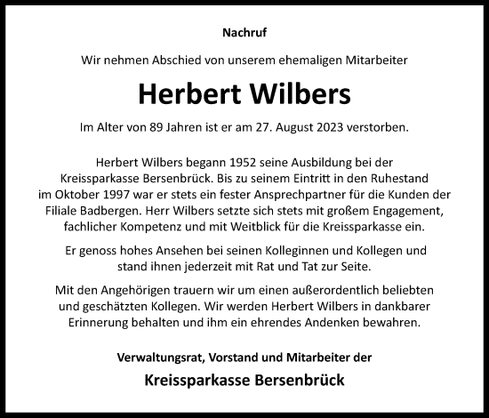 Traueranzeige von Herbert Wilbers von Neue Osnabrücker Zeitung GmbH & Co. KG