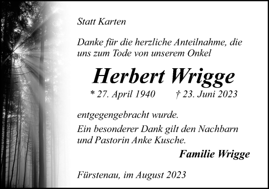 Traueranzeige von Herbert Wrigge von Neue Osnabrücker Zeitung GmbH & Co. KG