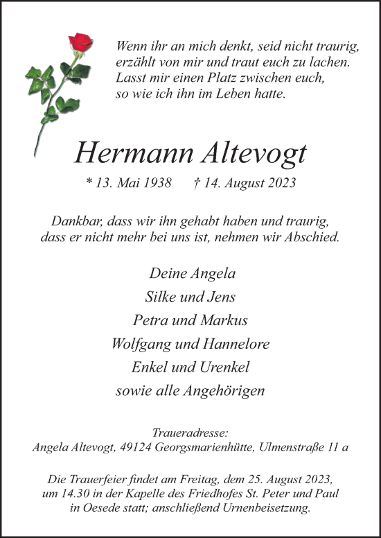 Traueranzeige von Hermann Altevogt von Neue Osnabrücker Zeitung GmbH & Co. KG