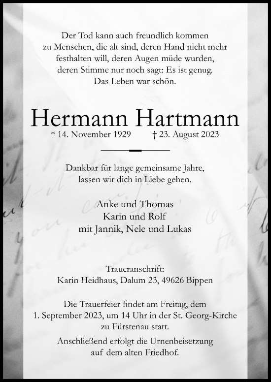 Traueranzeige von Hermann Hartmann von Neue Osnabrücker Zeitung GmbH & Co. KG