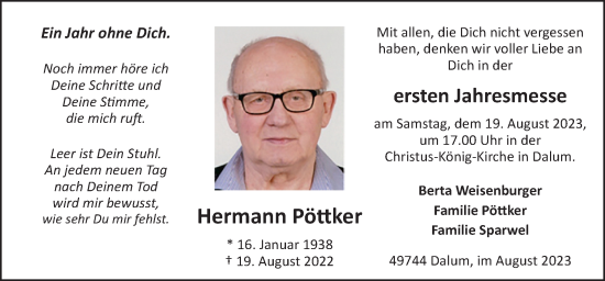 Traueranzeige von Hermann Pöttker von Neue Osnabrücker Zeitung GmbH & Co. KG