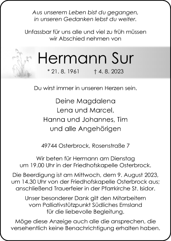 Traueranzeige von Hermann Sur von Neue Osnabrücker Zeitung GmbH & Co. KG