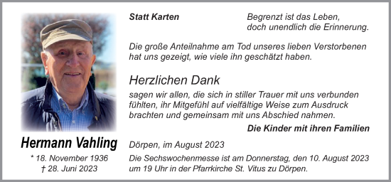 Traueranzeige von Hermann Vahling von Neue Osnabrücker Zeitung GmbH & Co. KG