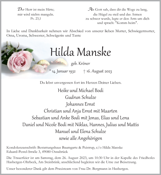 Traueranzeige von Hilda Manske von Neue Osnabrücker Zeitung GmbH & Co. KG