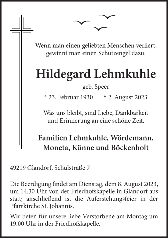 Traueranzeige von Hildegard Lehmkuhle von Neue Osnabrücker Zeitung GmbH & Co. KG