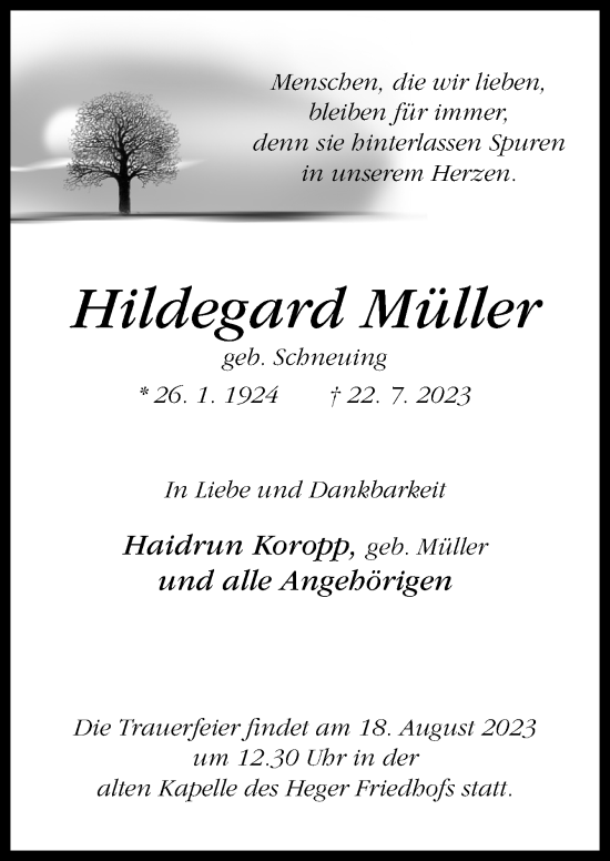 Traueranzeige von Hildegard Müller von Neue Osnabrücker Zeitung GmbH & Co. KG