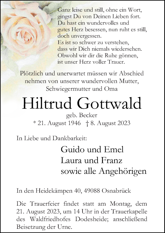 Traueranzeige von Hiltrud Gottwald von Neue Osnabrücker Zeitung GmbH & Co. KG