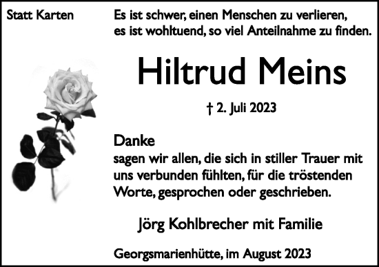Traueranzeige von Hiltrud Meins von Neue Osnabrücker Zeitung GmbH & Co. KG