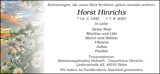 Traueranzeige von Horst Hinrichs von Neue Osnabrücker Zeitung GmbH & Co. KG