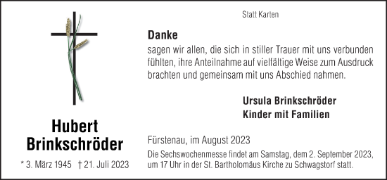 Traueranzeige von Hubert Brinkschröder von Neue Osnabrücker Zeitung GmbH & Co. KG