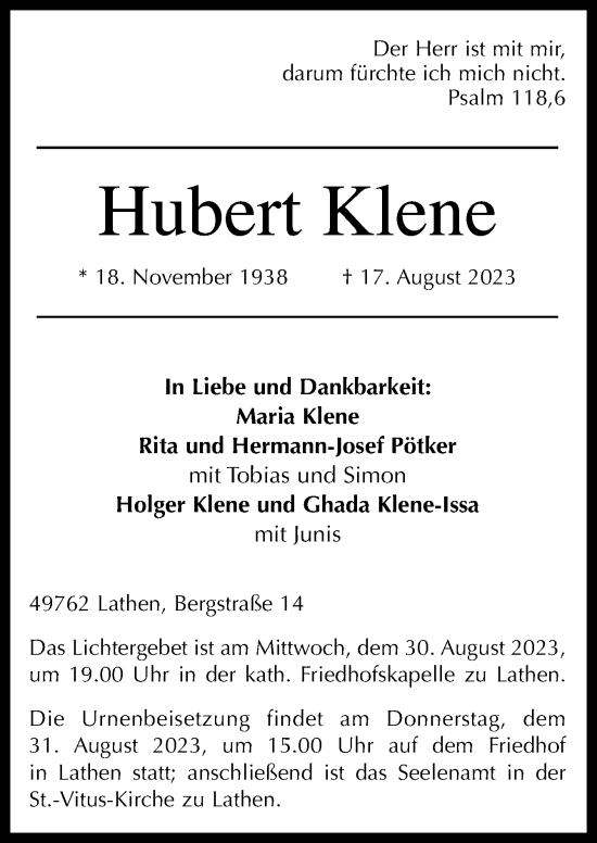 Traueranzeige von Hubert Klene von Neue Osnabrücker Zeitung GmbH & Co. KG