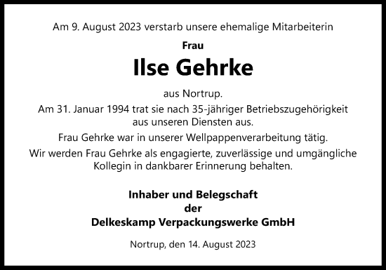 Traueranzeige von Ilse Gehrke von Neue Osnabrücker Zeitung GmbH & Co. KG