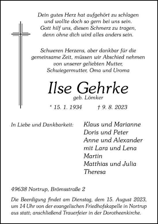 Traueranzeige von Ilse Gehrke von Neue Osnabrücker Zeitung GmbH & Co. KG