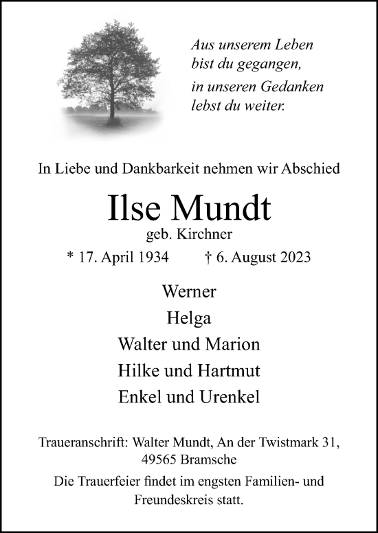 Traueranzeige von Ilse Mundt von Neue Osnabrücker Zeitung GmbH & Co. KG