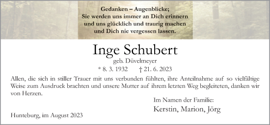 Traueranzeige von Inge Schubert von Neue Osnabrücker Zeitung GmbH & Co. KG