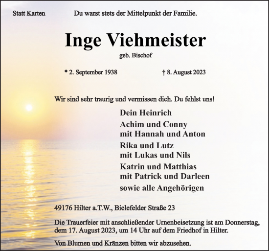 Traueranzeige von Inge Viehmeister von Neue Osnabrücker Zeitung GmbH & Co. KG