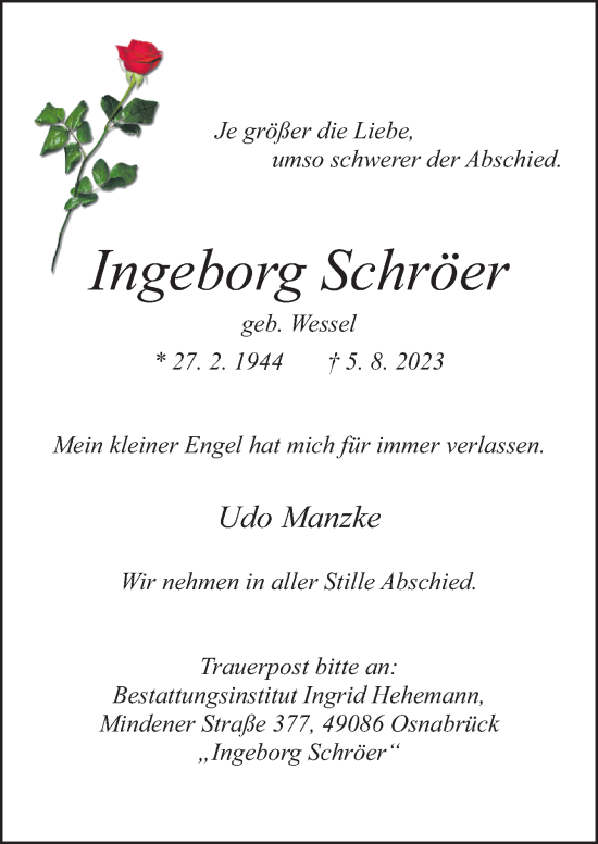 Traueranzeige von Ingeborg Schröer von Neue Osnabrücker Zeitung GmbH & Co. KG