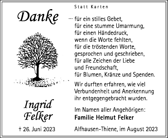 Traueranzeige von Ingrid Felker von Neue Osnabrücker Zeitung GmbH & Co. KG