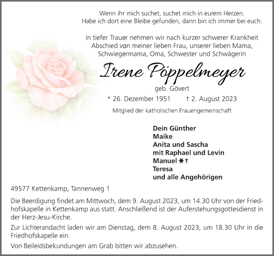 Traueranzeige von Irene Pöppelmeyer von Neue Osnabrücker Zeitung GmbH & Co. KG