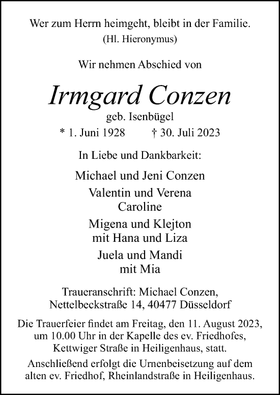 Traueranzeige von Irmgard Conzen von Neue Osnabrücker Zeitung GmbH & Co. KG