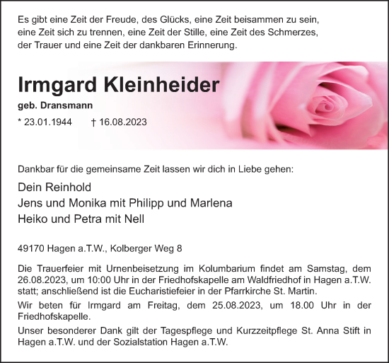Traueranzeige von Irmgard Kleinheider von Neue Osnabrücker Zeitung GmbH & Co. KG