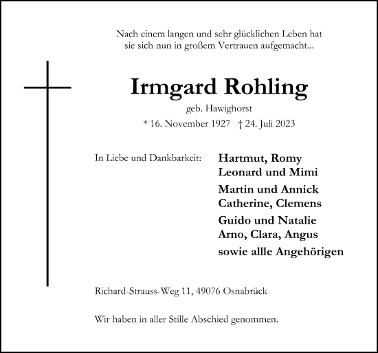 Traueranzeige von Irmgard Rohling von Neue Osnabrücker Zeitung GmbH & Co. KG
