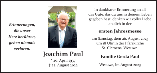 Traueranzeige von Joachim Paul von Neue Osnabrücker Zeitung GmbH & Co. KG