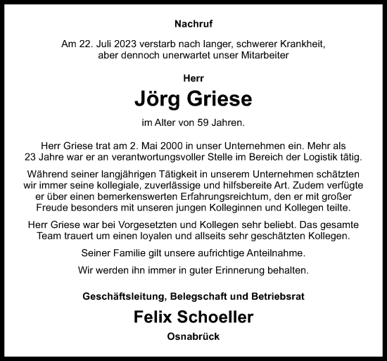 Traueranzeige von Jörg Griese von Neue Osnabrücker Zeitung GmbH & Co. KG