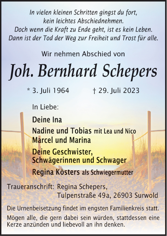 Traueranzeige von Joh. Bernhard Schepers von Neue Osnabrücker Zeitung GmbH & Co. KG