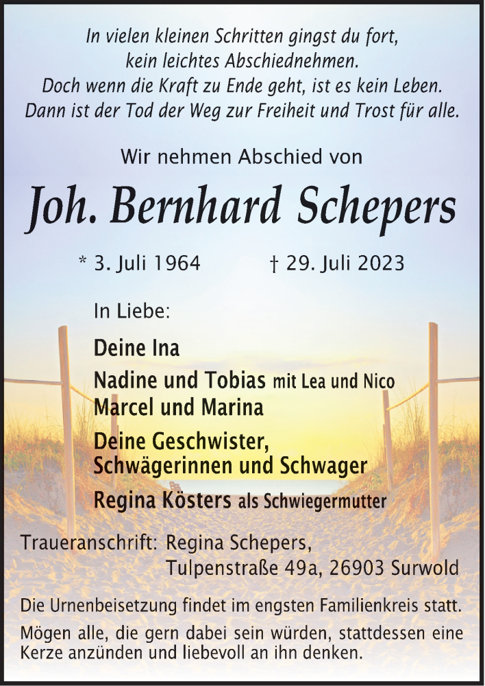  Traueranzeige für Joh. Bernhard Schepers vom 01.08.2023 aus Neue Osnabrücker Zeitung GmbH & Co. KG