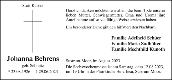 Traueranzeige von Johanna Behrens von Neue Osnabrücker Zeitung GmbH & Co. KG